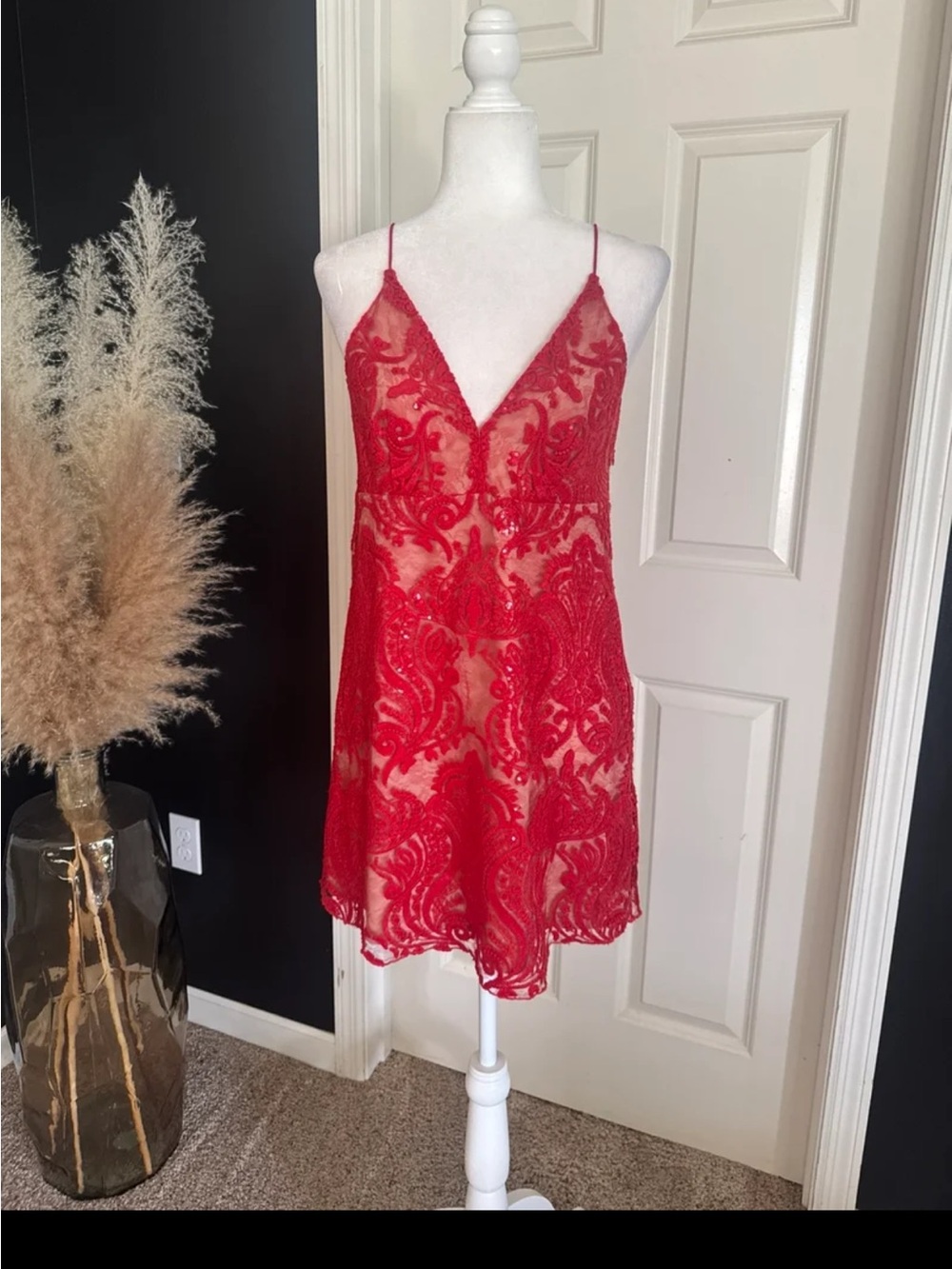 FREE PEOPLE Night Shimmers Mini Dress in Red/Nude size 6 - Picture 7 of 12